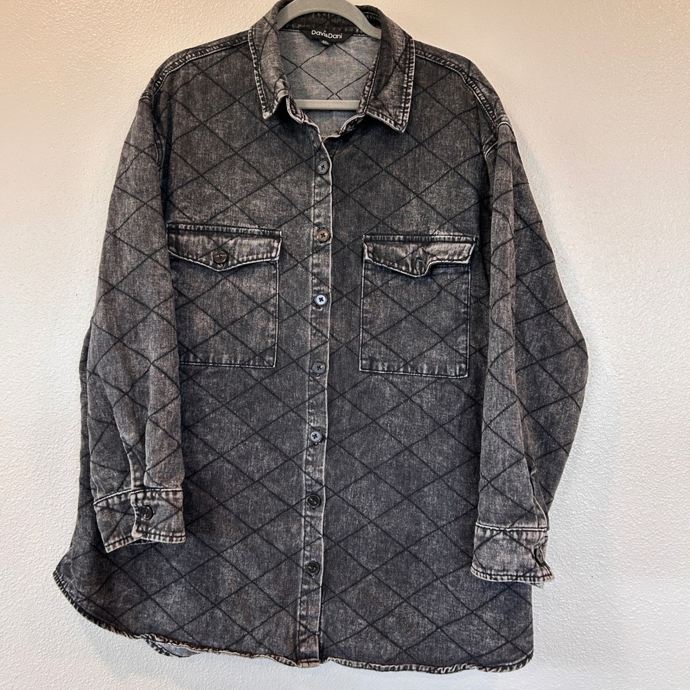 Davi & Dani Quilted Denim Shacket Acid Wash‎ Black Grey Button Down 2XL FLAW